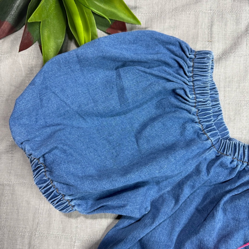 Denim Babydoll Mini Dress NWT Large Off Shoulder Puff Sleeve Pockets - Picture 8 of 14